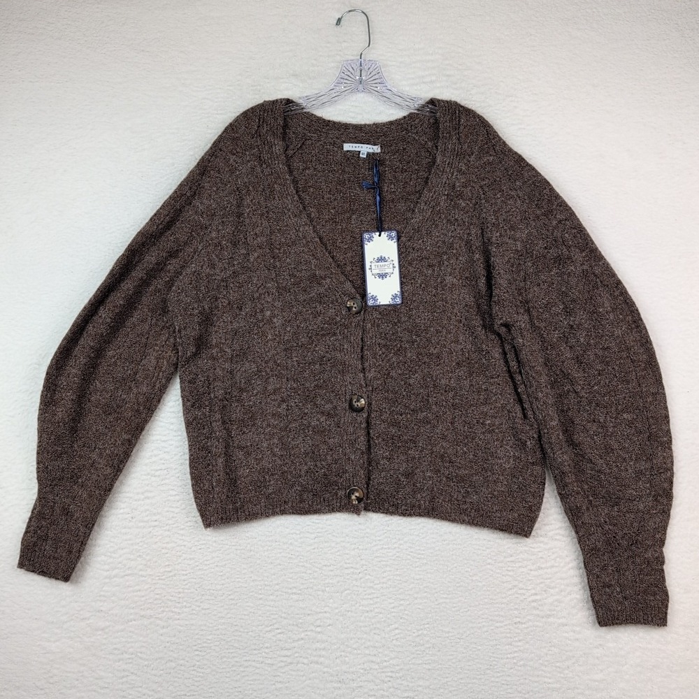 NWT Tempo Paris Cardigan Women's Medium/Large Puff Sleeve Brown Rayon Blend